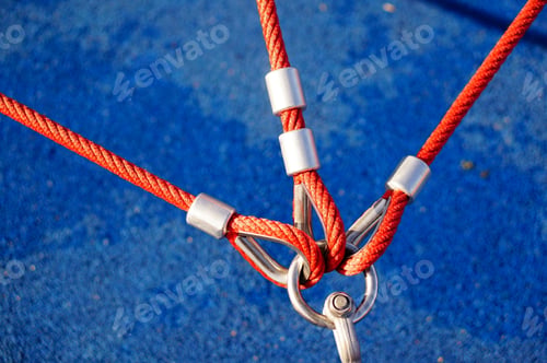 Preview: High angle closeup shot of three red ropes attached to a metal holder with a blue background