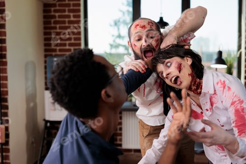 Preview: Actors playing zombies in thriller slasher film biting businessman arm