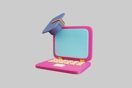 Preview: Pink laptop with a blue screen and a graduation cap