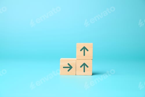 Preview: Arrow up icon on wooden blocks, Business growth success process, Business achievement goal and