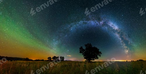 Preview: Panorama view of milky way in the night sky, deep starry sky with Milky way over head