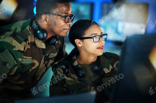 Preview: Military, surveillance and people with computer talking in office for cybersecurity, communication