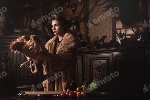 Preview: Gorgeous woman wearing fur coat is holding hen. Animal rights concept.