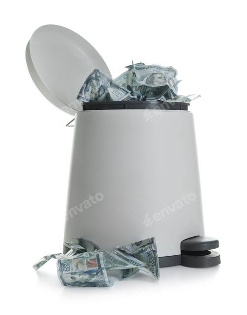 Preview: Trash bin with dollar banknotes isolated on white