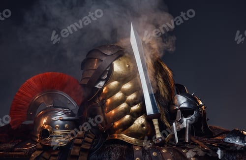 Preview: Antique bronze armor and helmets with gladius