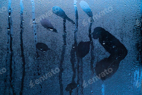 Preview: Handprint on misted glass, symbol of sensuality on wet surface.