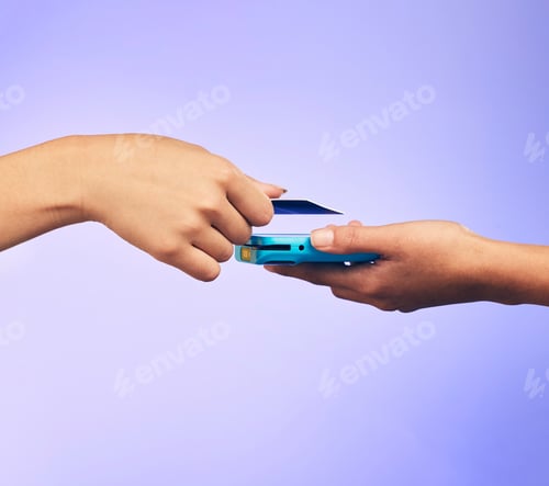 Preview: Card machine, shopping and people hands at POS, online payment and digital service or paperless fin
