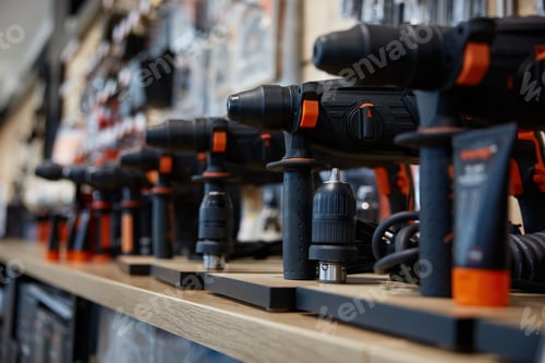 Preview: A neat row of black and orange power drills arranged on a shelf space