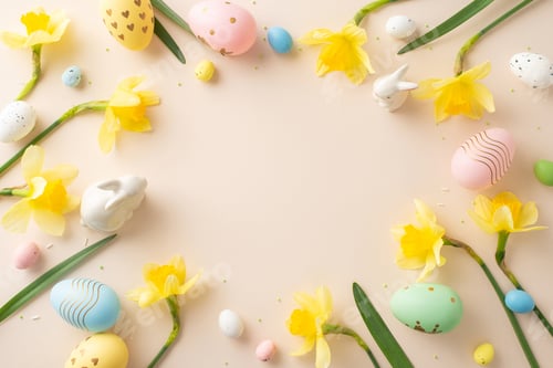 Preview: Festive composition with colorful eggs, yellow daffodils
