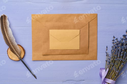 Preview: Letter envelope on lavender wooden background, copy space