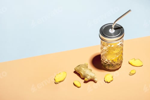 Preview: Ginger water in stylish jar with metal straw on geometric background and ginger slices