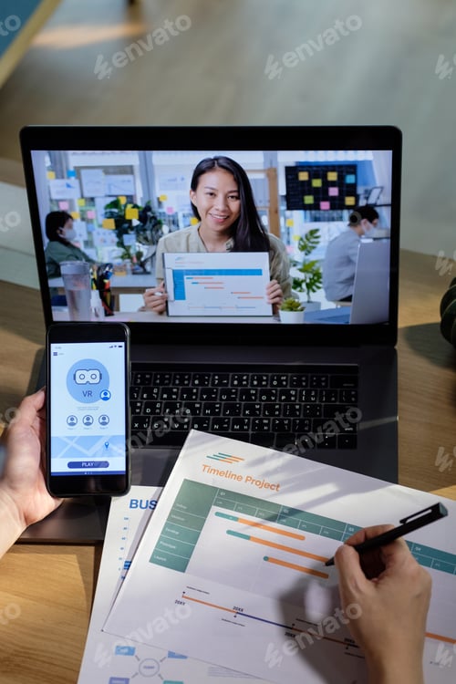 Preview: developer asisn woman video conference ux ui design meeting online with laptop at home