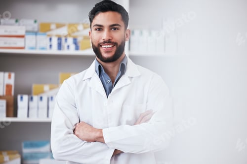 Preview: Pharmacy, crossed arms and portrait of man for medical service, medicine and wellness. Healthcare,