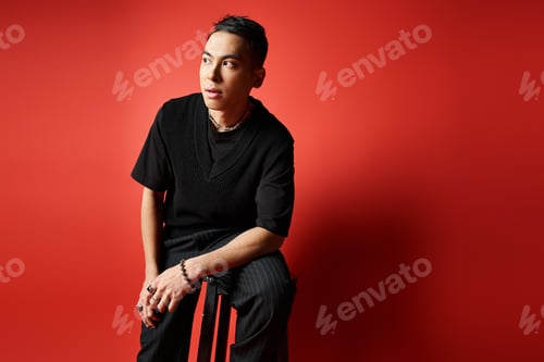 Preview: Elegance in red: asian man contemplating on chair