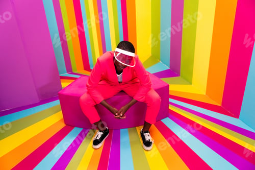 Preview: Beautiful young woman dancing and having fun inside a rainbow box room