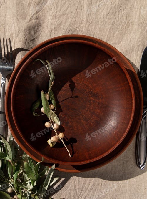 Preview: Empty craft handmade clay plate fork knife Table place hand crafted dish Natural home interior decor