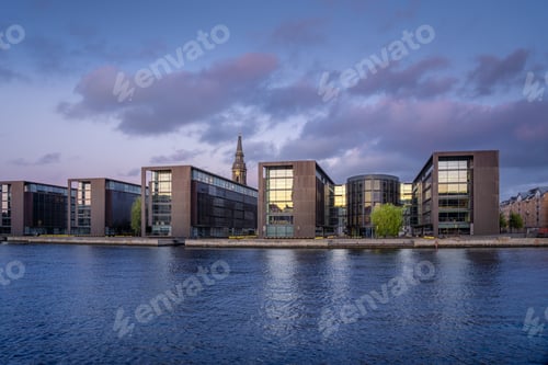 Preview: Main Canal view of Christianshavn at sunset with Christians Church Tower - Copenhagen, Denmark