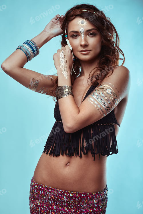 Preview: Portrait Of Beautiful Glamor Hipster Young Hippie Woman In Knitted Bra