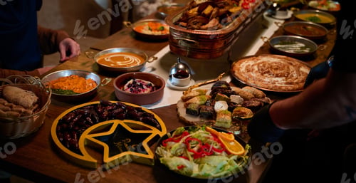 Preview: In this captivating aerial view, delicious food adorned with Ramadan decorations, including dates