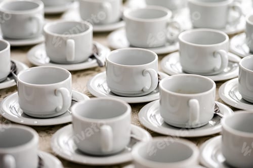 Preview: a lot of rows of pure white cups with plates for coffee or tea break