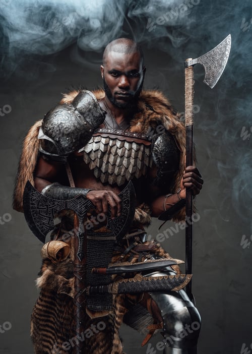 Preview: Armoured handsome soldier from past with axes in foggy background