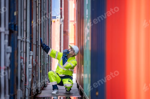 Preview: Professional container yard workers are working and checking at Container yard warehouse.