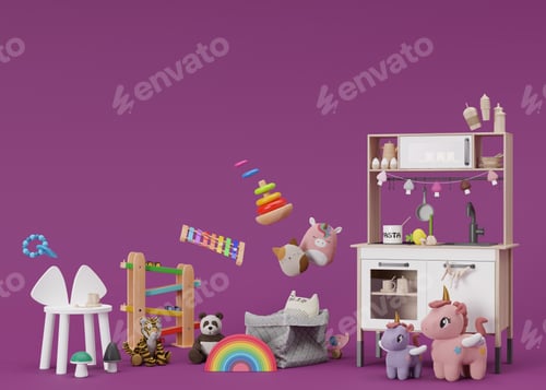 Preview: Children's toys on violet background with copy space. Multicolored wooden and plush toys