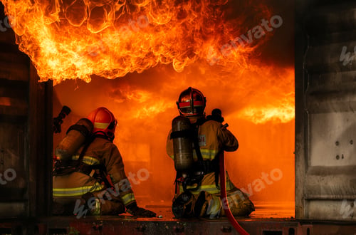Preview: Two firefighters in full protective gear work together to extinguish a massive blaze