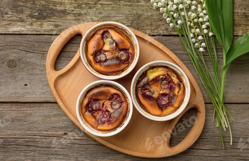 Preview: Cottage cheese dessert baked in portioned round ceramic plates on a wooden table