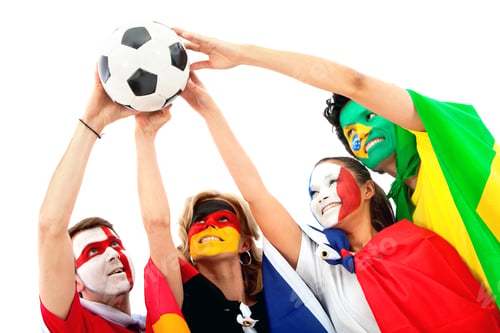 Preview: Group Of Football Fans Holding A Soccer Ball With Their Faces Painted - Isolated Over White