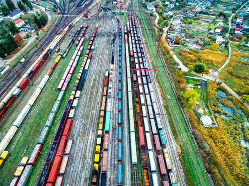 Preview: aerial shoot of railway tracks with lots of wagons