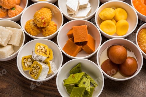 Preview: Rangoli design of Assorted Indian sweets