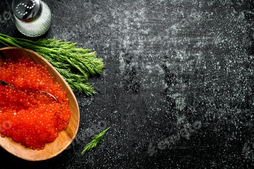 Preview: Red caviar in a bowl with salt and dill.