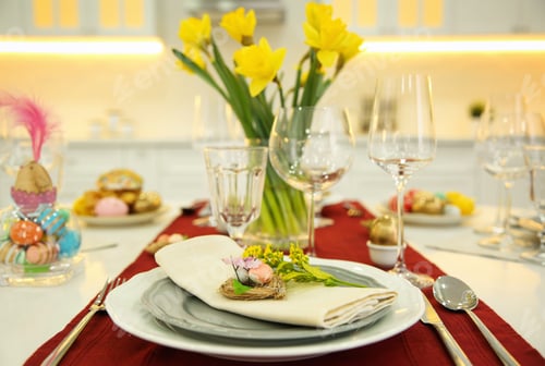 Preview: Festive Easter table setting with decorated eggs