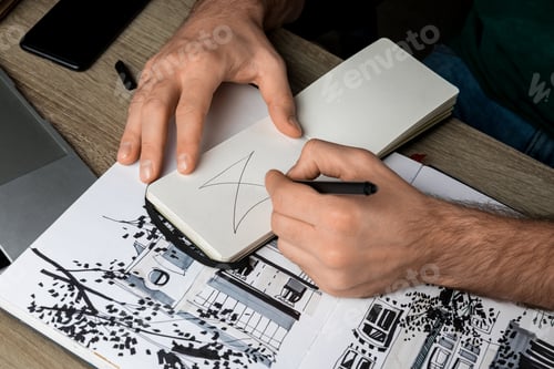 Preview: selective focus of mans hands drawing in notebook on wooden table next to album and gadgets
