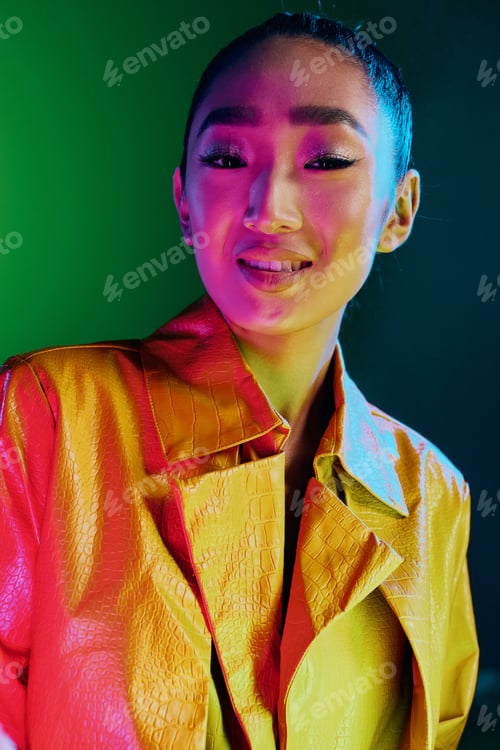 Preview: Woman body trendy disco neon colorful fashion light yellow beauty green