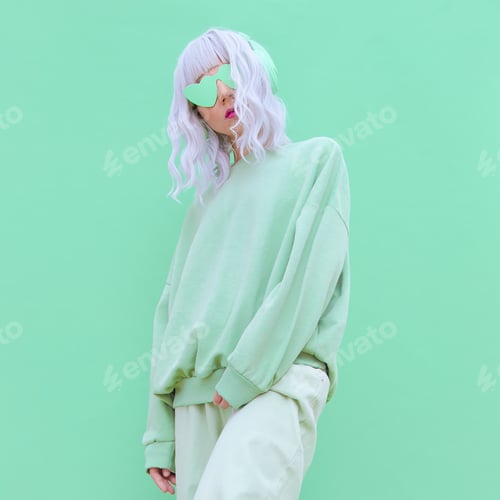 Dj Girl in Fresh Mint Fashion clothing. Minimal aesthetic monochrome design. Aqua menthe color trend