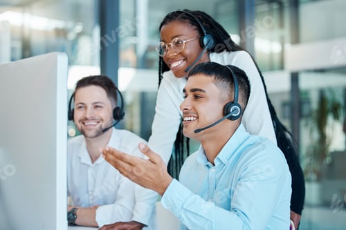 Preview: Telemarketing, training and black woman coaching team of men at customer service agency. Diversity,