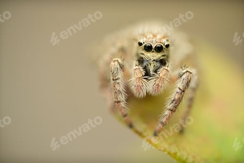 Preview: Macro shot of a Hyllus heavy-bodied jumper (Hyllus semicupreus) spider perched atop a leaf
