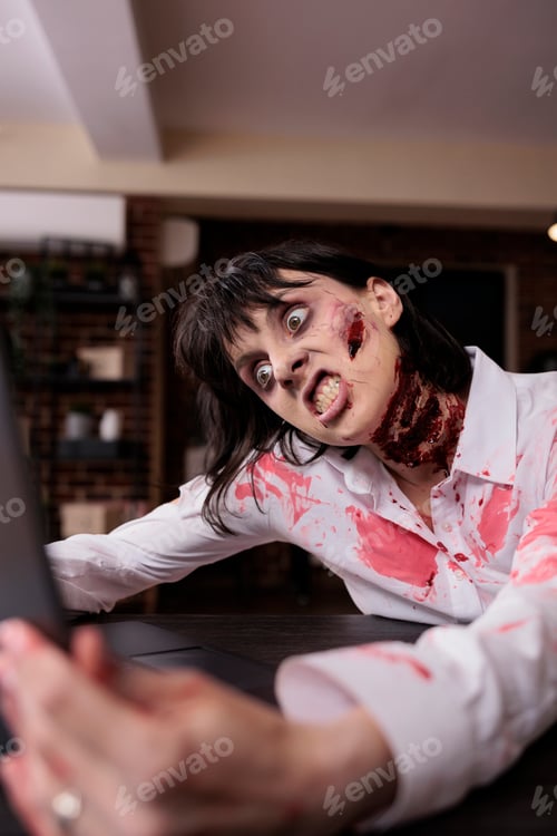 Preview: Aggressive woman monster looking at laptop