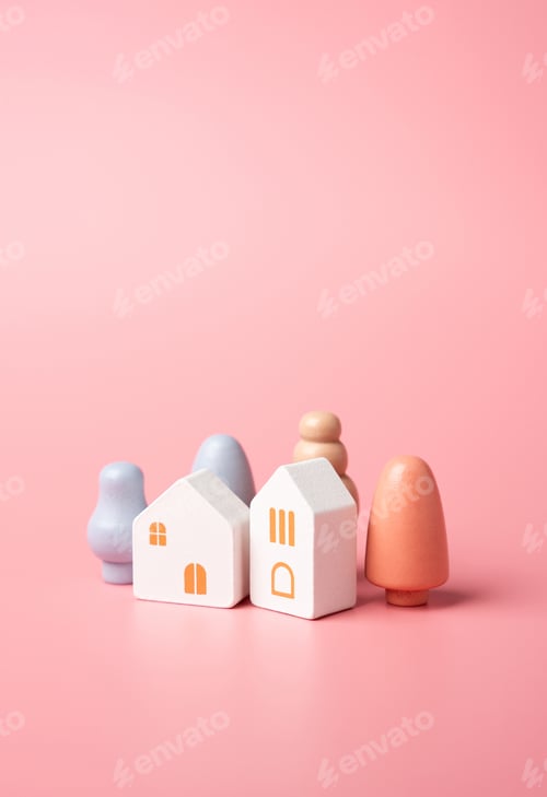 Preview: Figures of houses and trees on a pink background. Buy or rent a home.