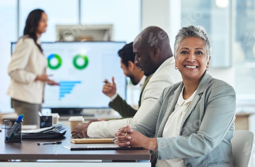Preview: Meeting, portrait or senior business woman planning a sales project with a team in a corporate offi
