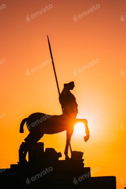 Preview: Pompeii, Italy. Statue Of Centaur On Territory Of Forum On Background Sunset Sunrise Sky