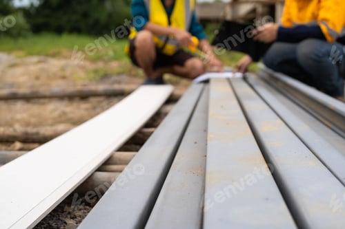 Preview: Two men,engaged in conversation, examine steel reinforcements and discuss house structure roofing.