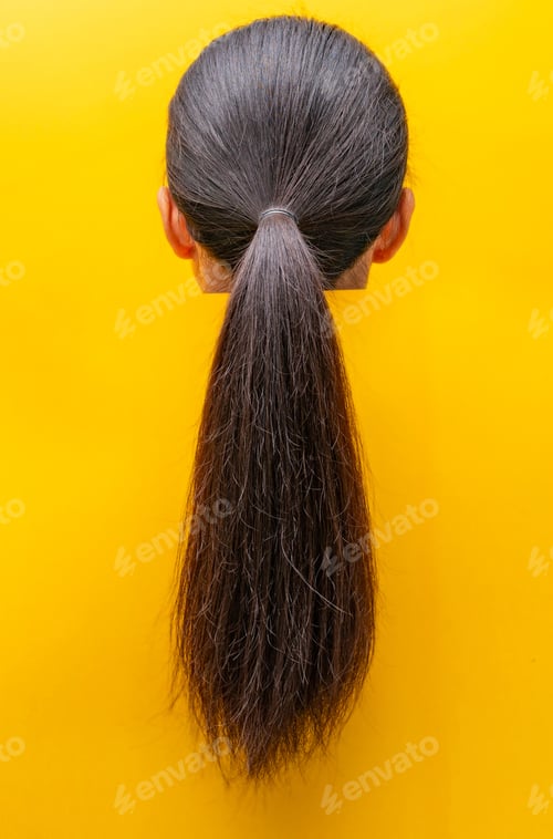 Preview: Back view ponytail damaged hair isolated on yellow background. Dry and brittle hair problem. Black