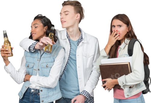 Preview: three young women standing next to each other with drinks and a book