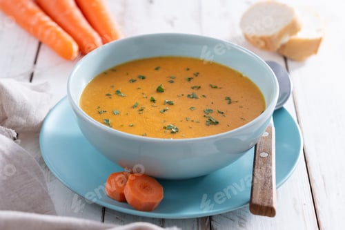 Preview: Creamy carrot soup in blue bowl