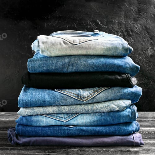Preview: Lot of different jeans in a stack on the table. The concept of popular, comfortable clothing.