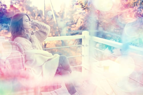 Preview: Happy Girl Autumn Cafe Sweater Concept Vision Model With Glasses Posing