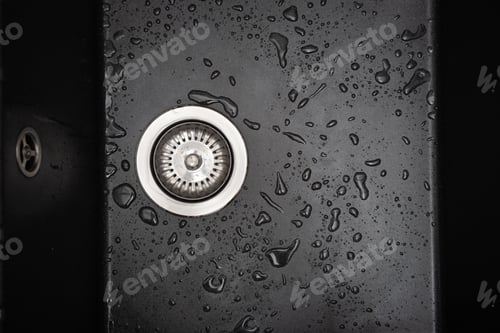 Preview: New granite kitchen sink black wash flat lay. After. Drops water. House cleaning service. Top view